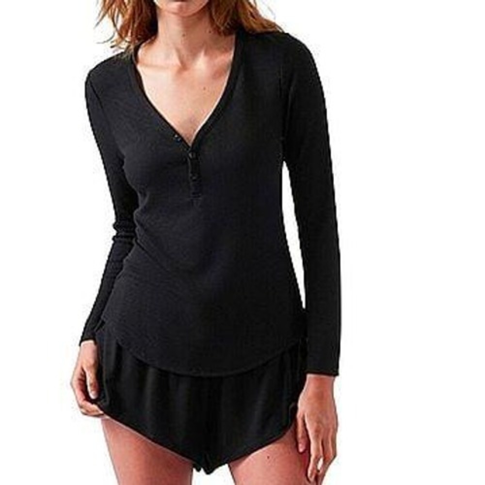 Athleta NWT Wind Down Sleep Top Charcoal Gray Waffle Knit Henley Long Sleeve L